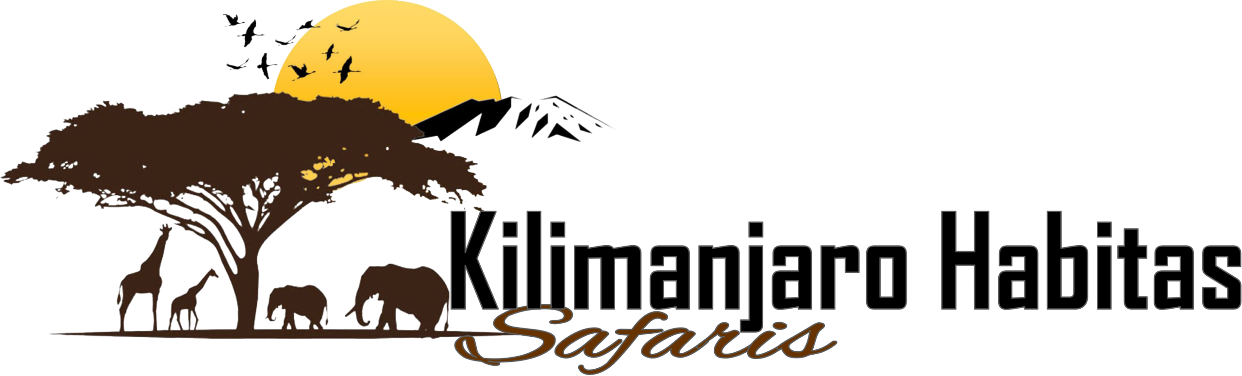 Logo for Kilimanjaro Habitats Safaris with a brown acacia tree, giraffe and elephant silhouettes, and a yellow sun sunsetscape.