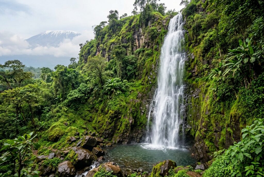 Waterfall plunging down a mossy rock cliff into a green forest pool, surrounded by lush jungle teems with vegetation.