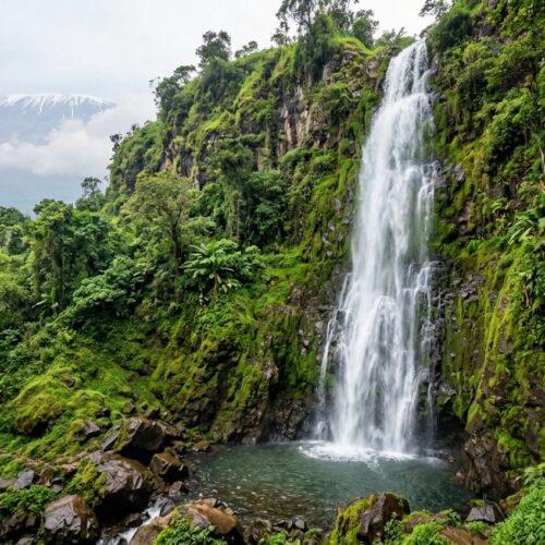 Waterfall plunging down a mossy rock cliff into a green forest pool, surrounded by lush jungle teems with vegetation.