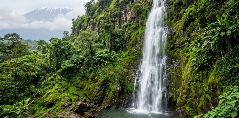 Waterfall plunging down a mossy rock cliff into a green forest pool, surrounded by lush jungle teems with vegetation.